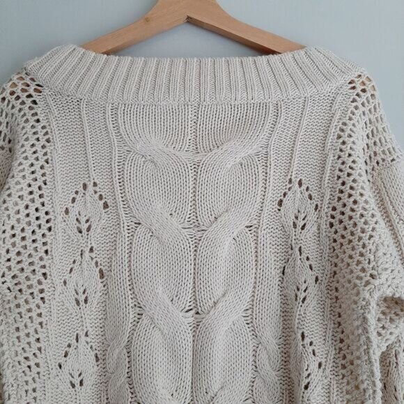 CLOTH by RD Cable Knit Scoop Neck Pullover Knit Sweater Puff Sleeve White Sz XS - Picture 10 of 16